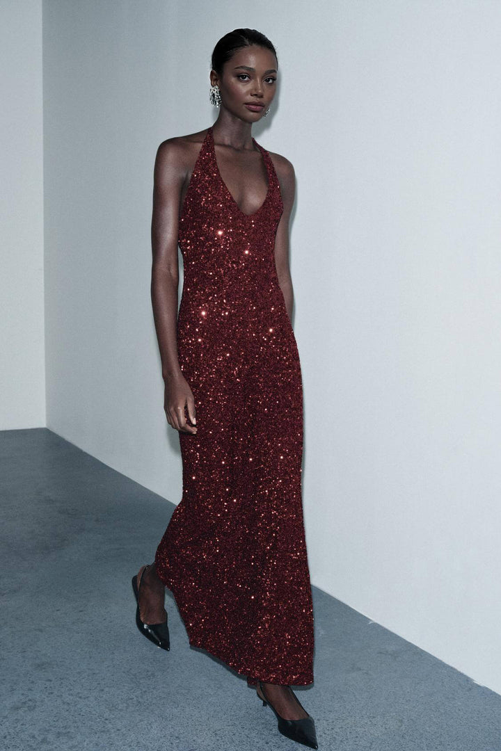 Elegant Fashion Sequin V-Neck Backless Tie Maxi Dress