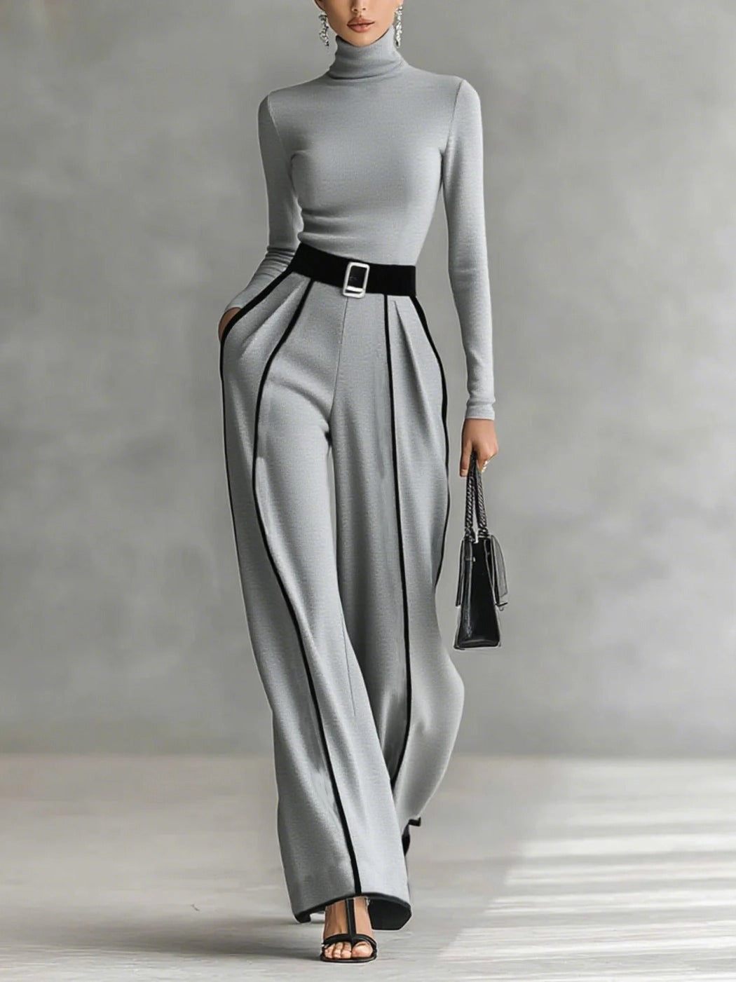 Elegant High Neck Slim Fit Long Sleeve Top Two-Piece Set