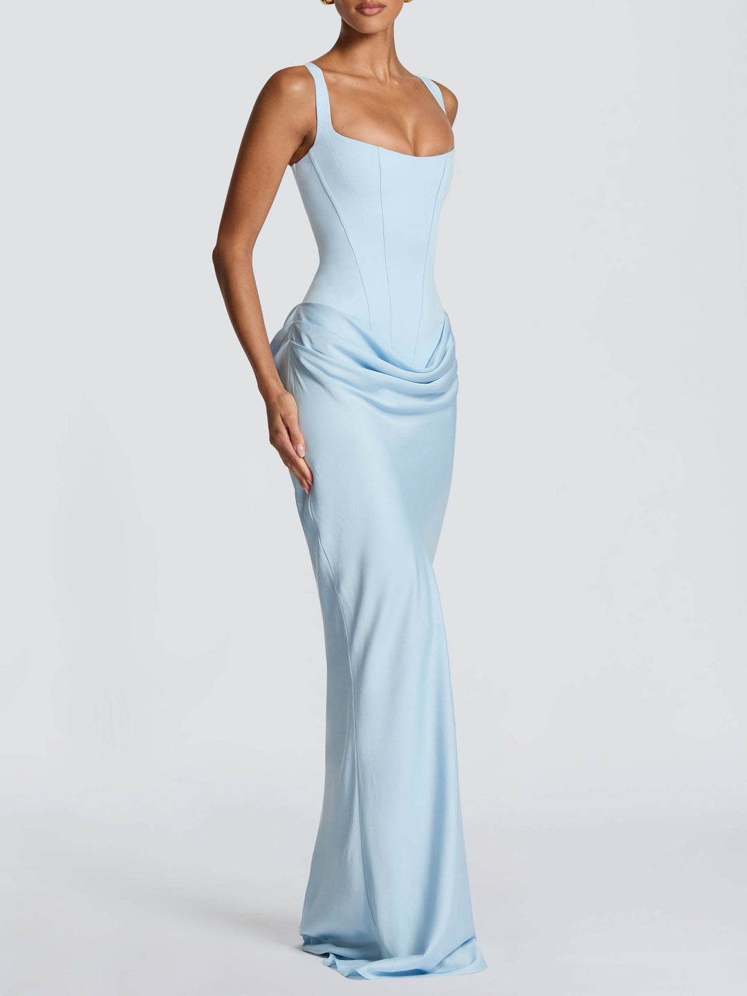 Elegant Square Neck Cinched Top & Ruched Waist Draped Maxi Dress