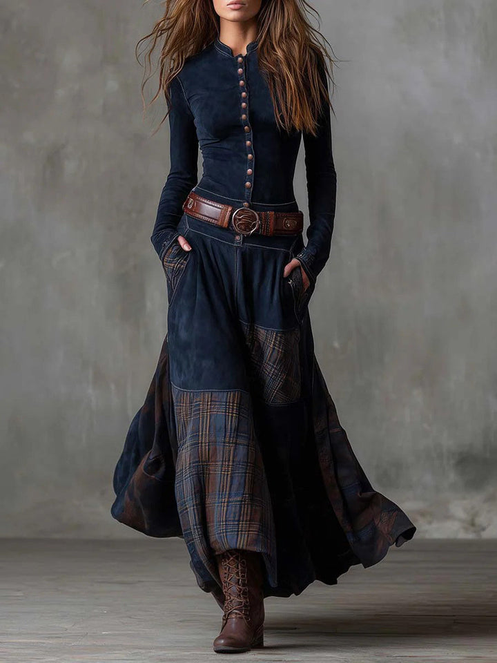 Retro Plaid Patchwork Maxi Dress