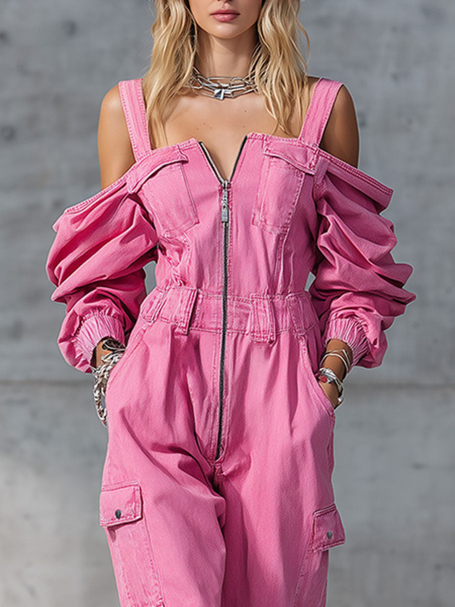 Stylish Off-shoulder Stretch Waist Zipper Jumpsuit