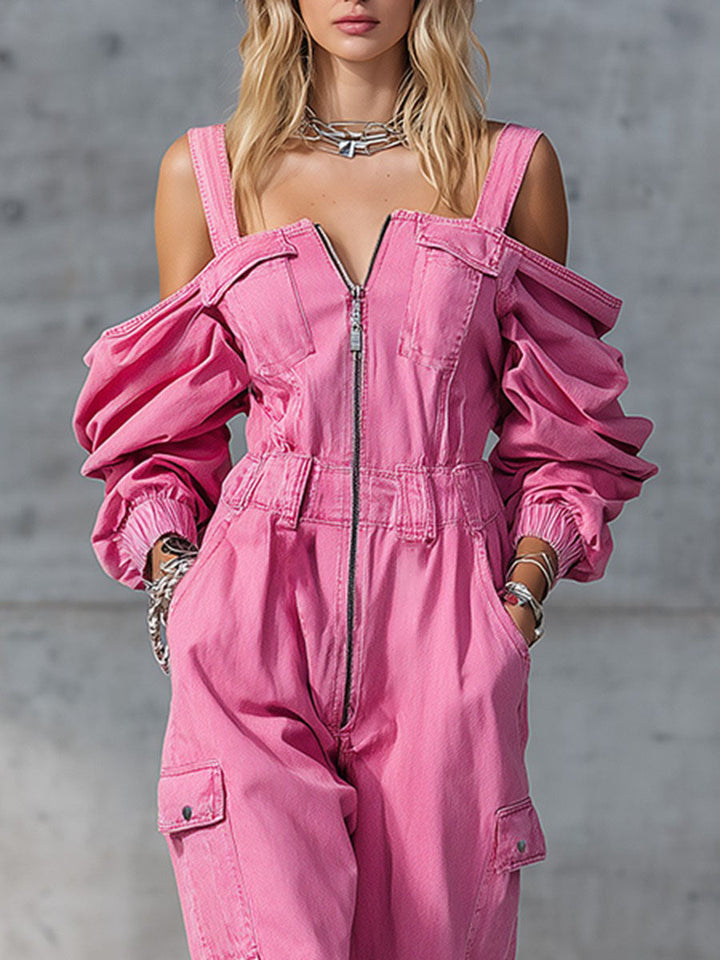 Stylish Off-shoulder Stretch Waist Zipper Jumpsuit
