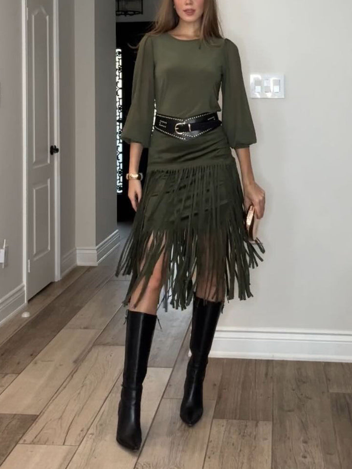Elegant High-waisted Tassel Skirt Two-piece Set