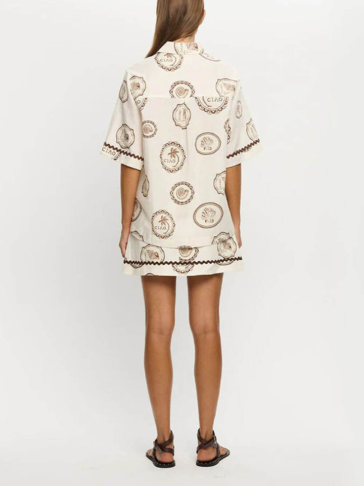 Elegant Lace-Up Linen Shell Print Short-Sleeved Shirt And Skirt Set