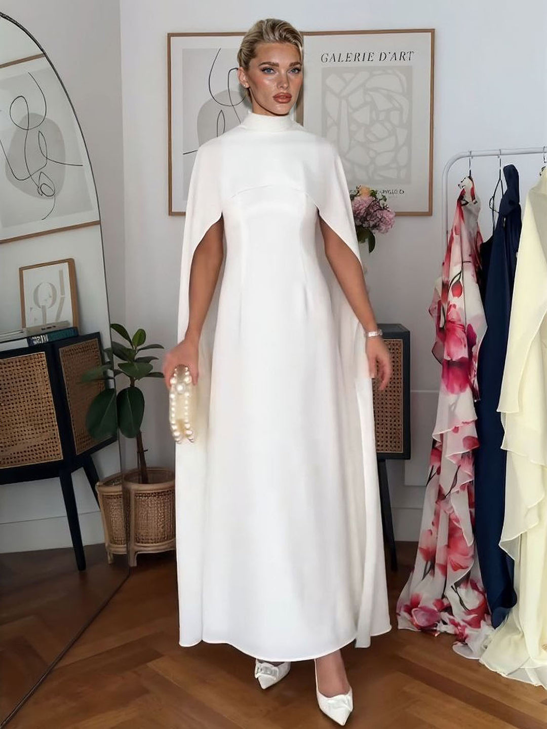 Elegant High-Neck Cape-Style Maxi Dress
