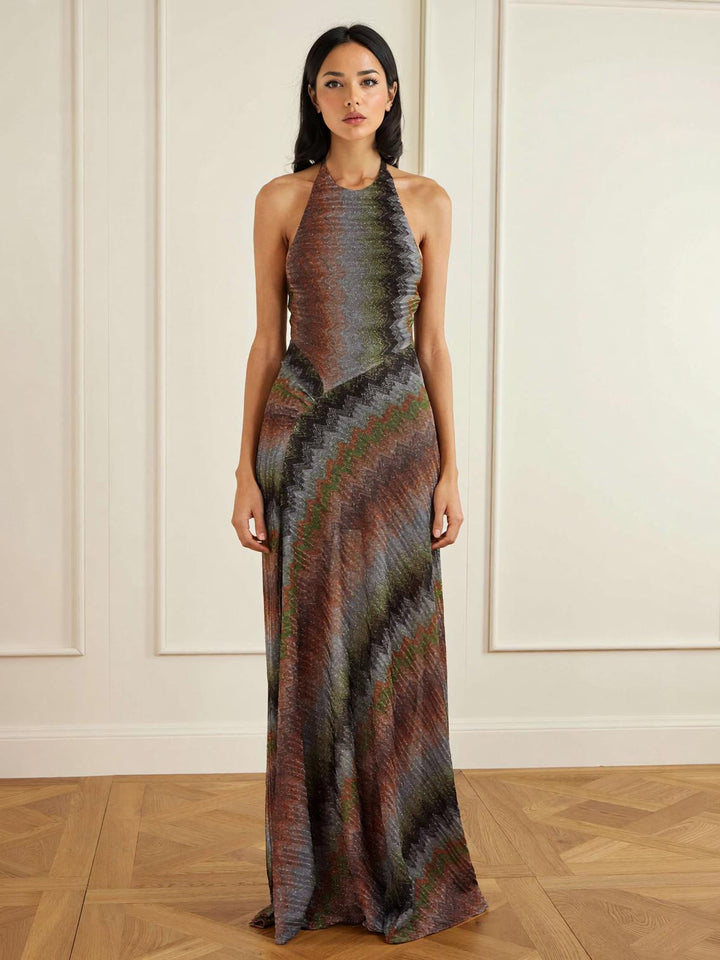Retro Casual Halter Neck Irregular Striped Maxi Dress