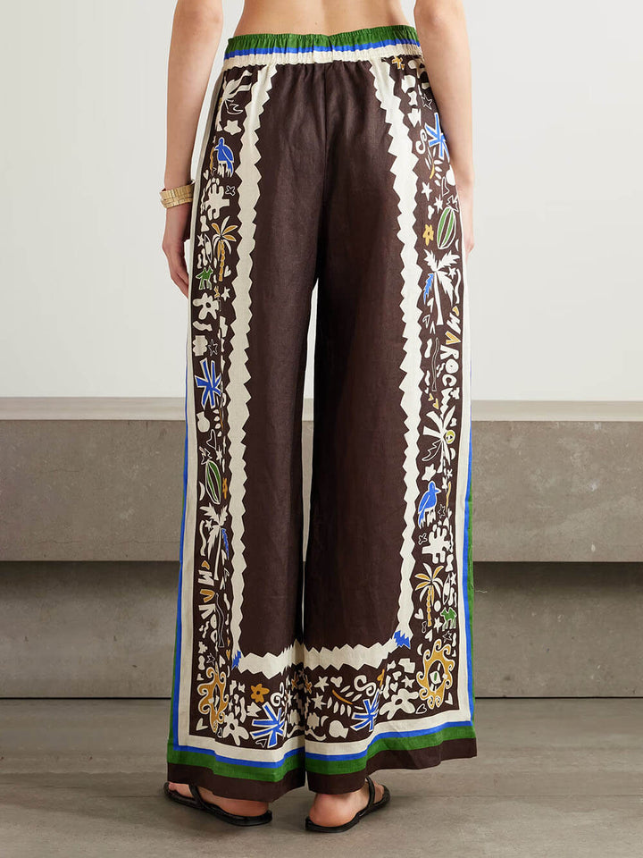 Unique Vintage Moroccan Print Linen Elastic Waist Pocket Wide-Leg Pants