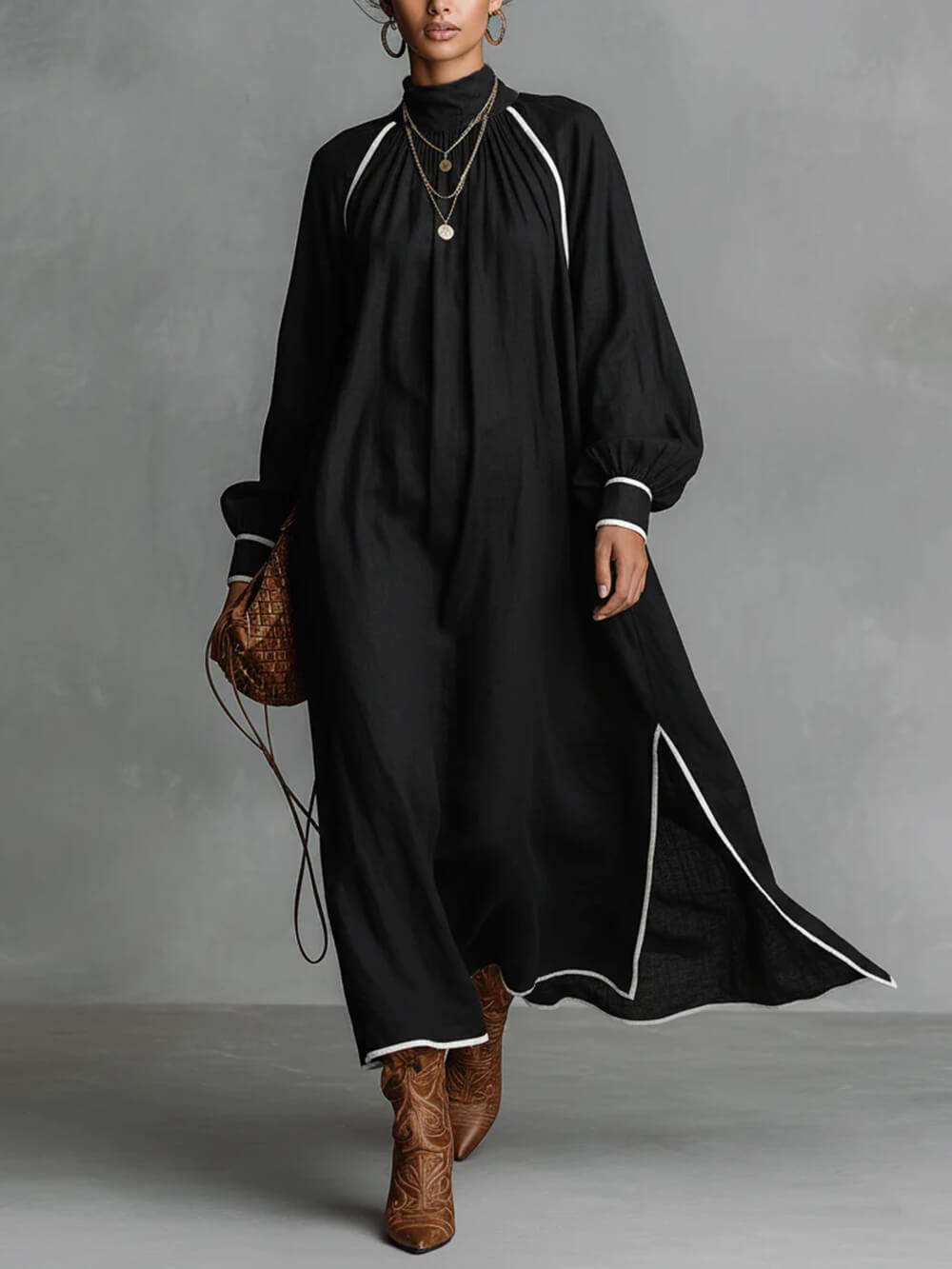 Casual Loose Linen Contrast Trim White Piping Slit Maxi Dress
