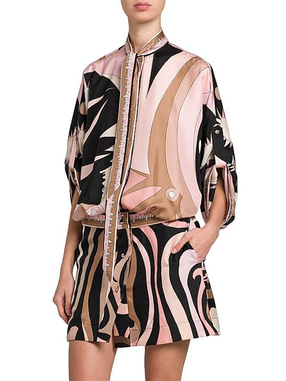 Unique Printed Batwing Sleeve Button-Front Twill Shirt Mini Dress