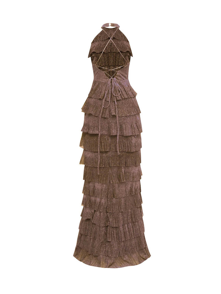 Exquisite Shimmer Backless Tiered Ruffle Maxi Dress