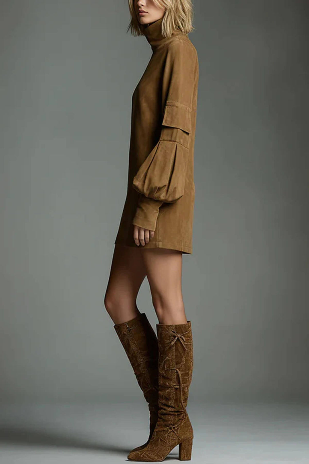 Retro Stylish High-Neck Long-Sleeved Casual Pocket Mini Dress