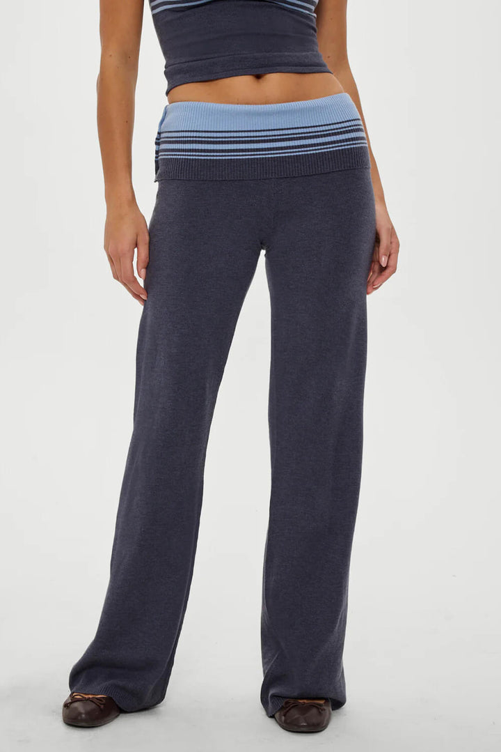 Retro Striped Button-Up Knit Shirt And Low-Rise Knit Pants Set