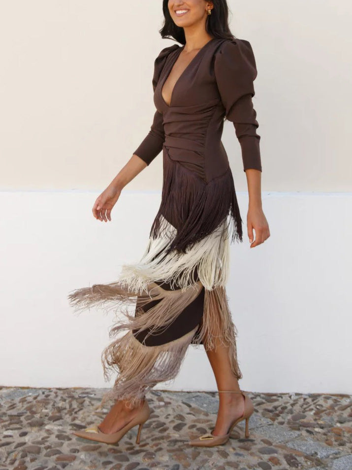 Elegant Contrast Tassel V-Neck Long Sleeve Maxi Dress