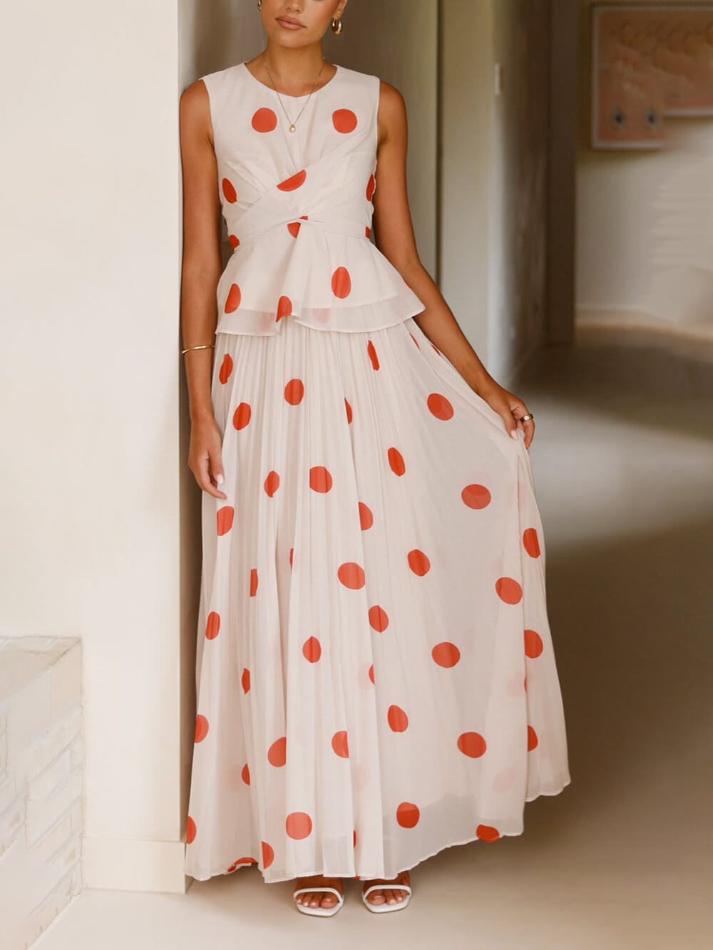 Delicate Red Polka Dot Print Ruffled Cross-Over Top