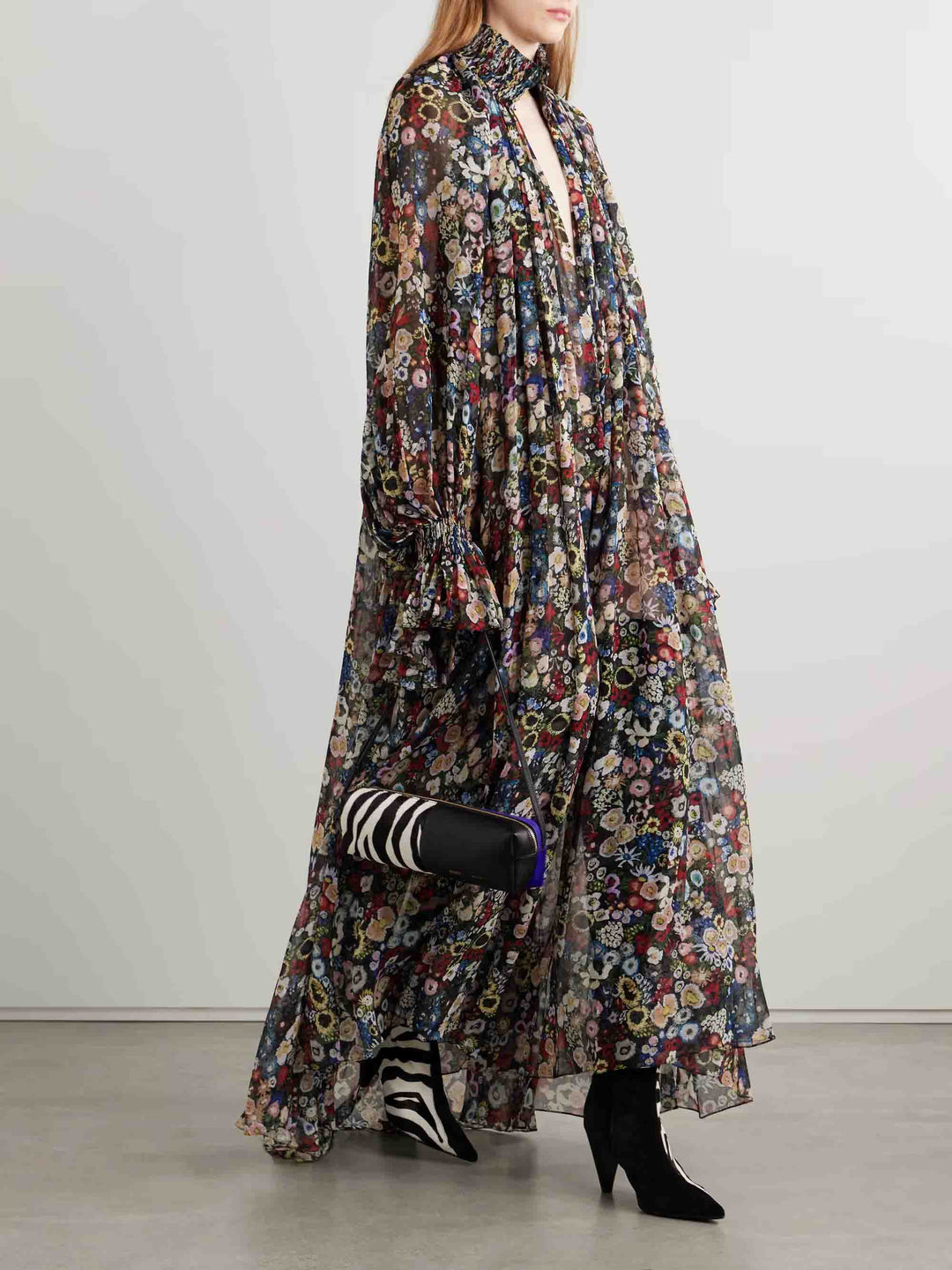 Casual Pleated Printed Chiffon High-Neck Maxi Dress