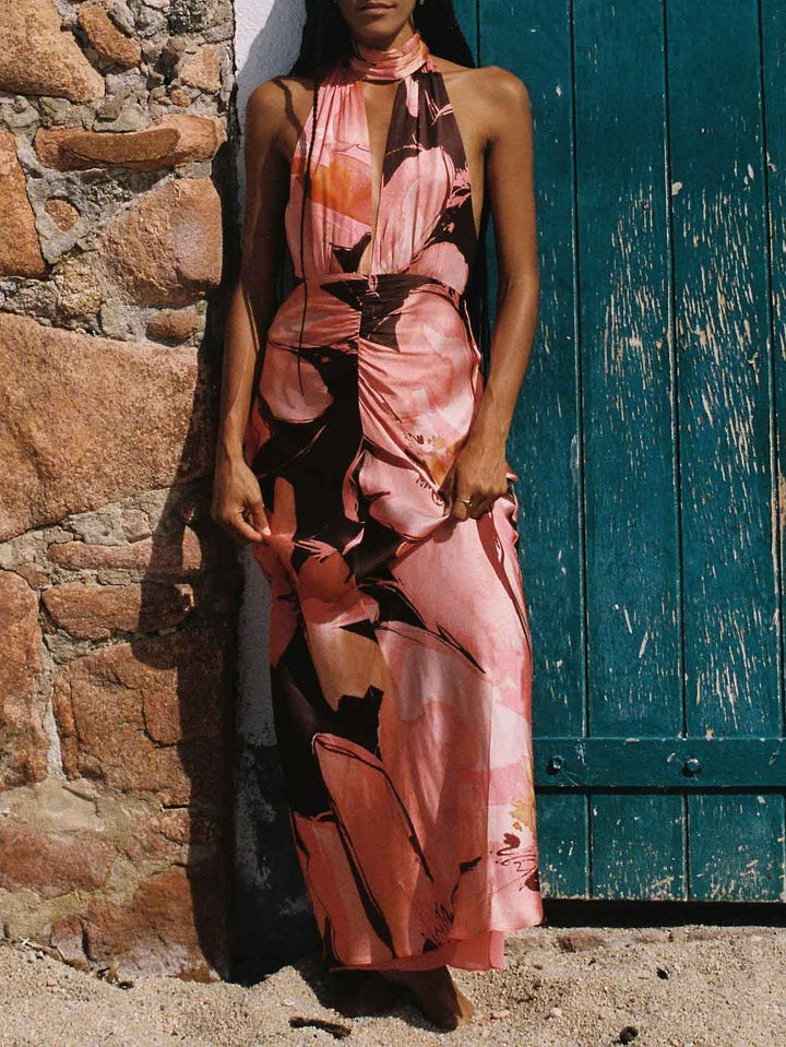 Elegant Halterneck Retro Floral Print Maxi Dress