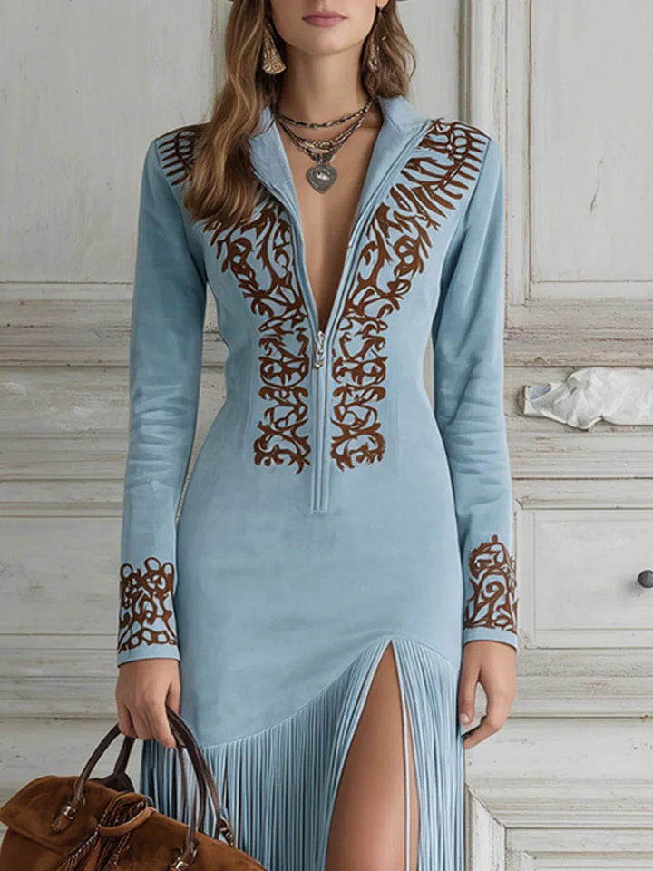 Vintage Western Half-Zip Suede Fringe Dress