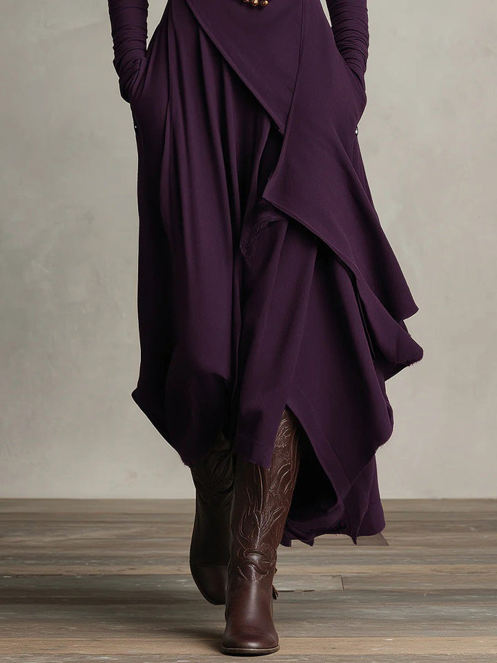 Elegant High-Neck Draped Asymmetrical Maxi Dress