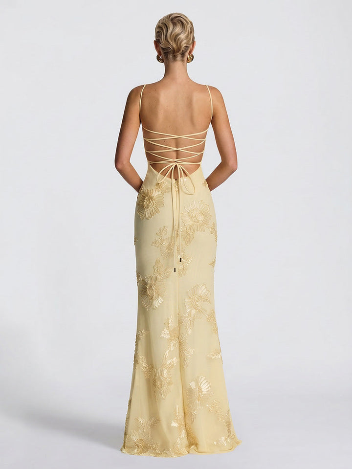 Elegant Floral Embroidered Spaghetti Strap Mermaid Maxi Dress