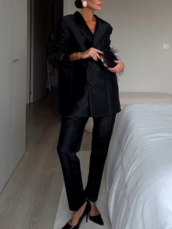 Elegant Satin Feather-embellished Double-breasted Blazer