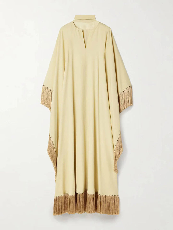 Elegant Fringed Satin Robe Maxi Dress