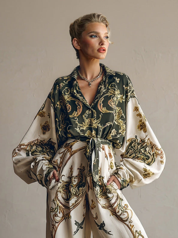 Retro Baroque Floral Print Wide-Leg Pants