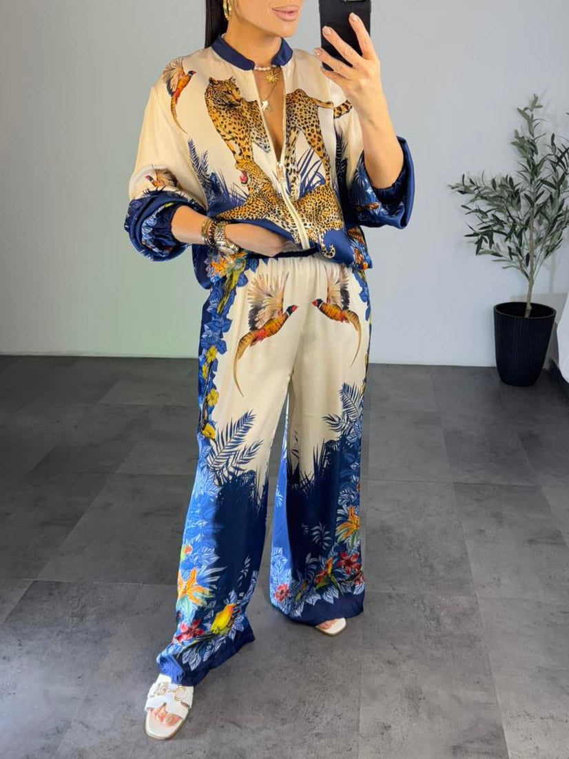 Exotic Jungle Print Zip-Up Long Sleeve Shirt