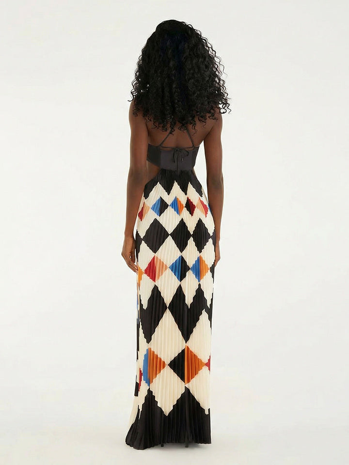 Elegant Strapless Geometric Pleated Maxi Dress