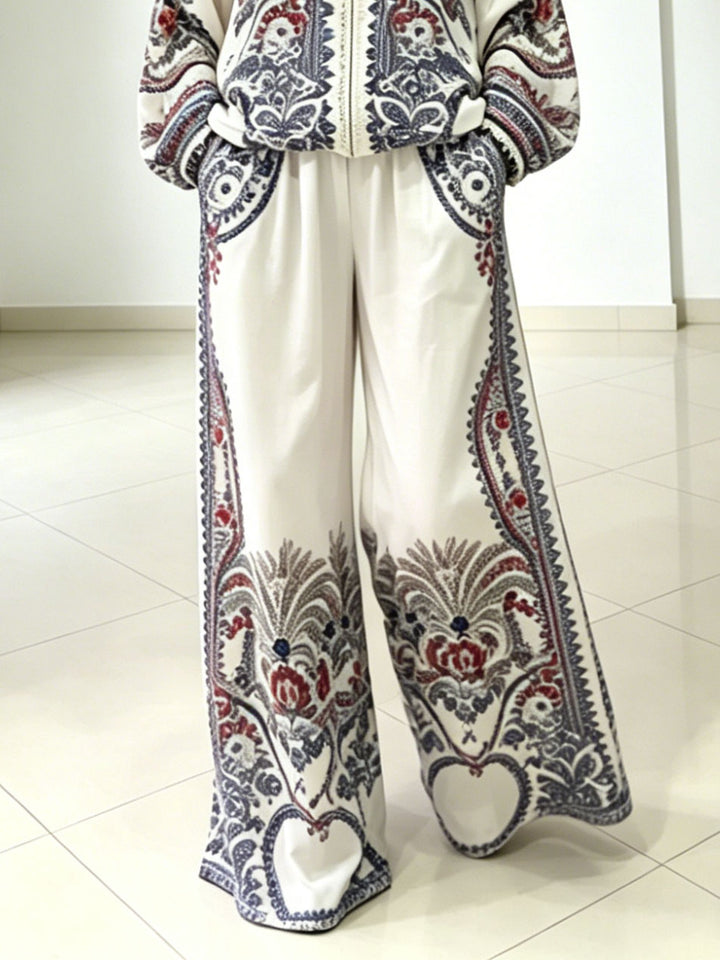 Elegant Paisley Print Zip-Up Shirt & Wide Leg Pants Set