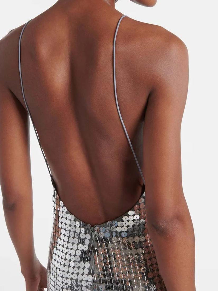 Elegant Sequined V-neck Open-back Maxi Dress