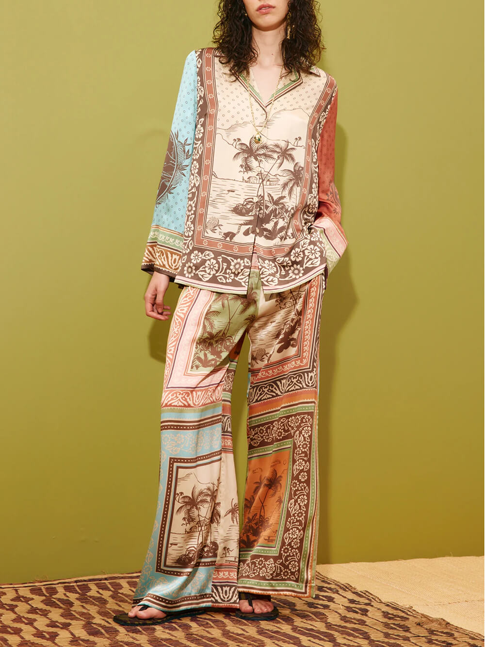 Unique Satin Floral Print Elastic-Waist Wide-Leg Pants