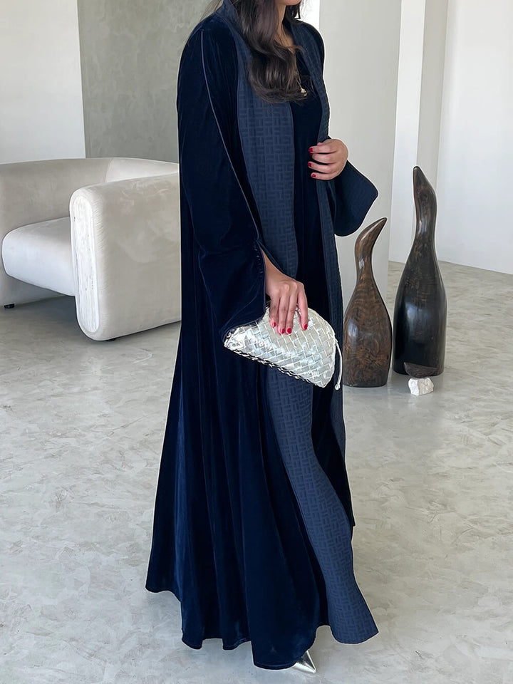 Elegant Navy Blue Printed Velvet Robe Cardigan