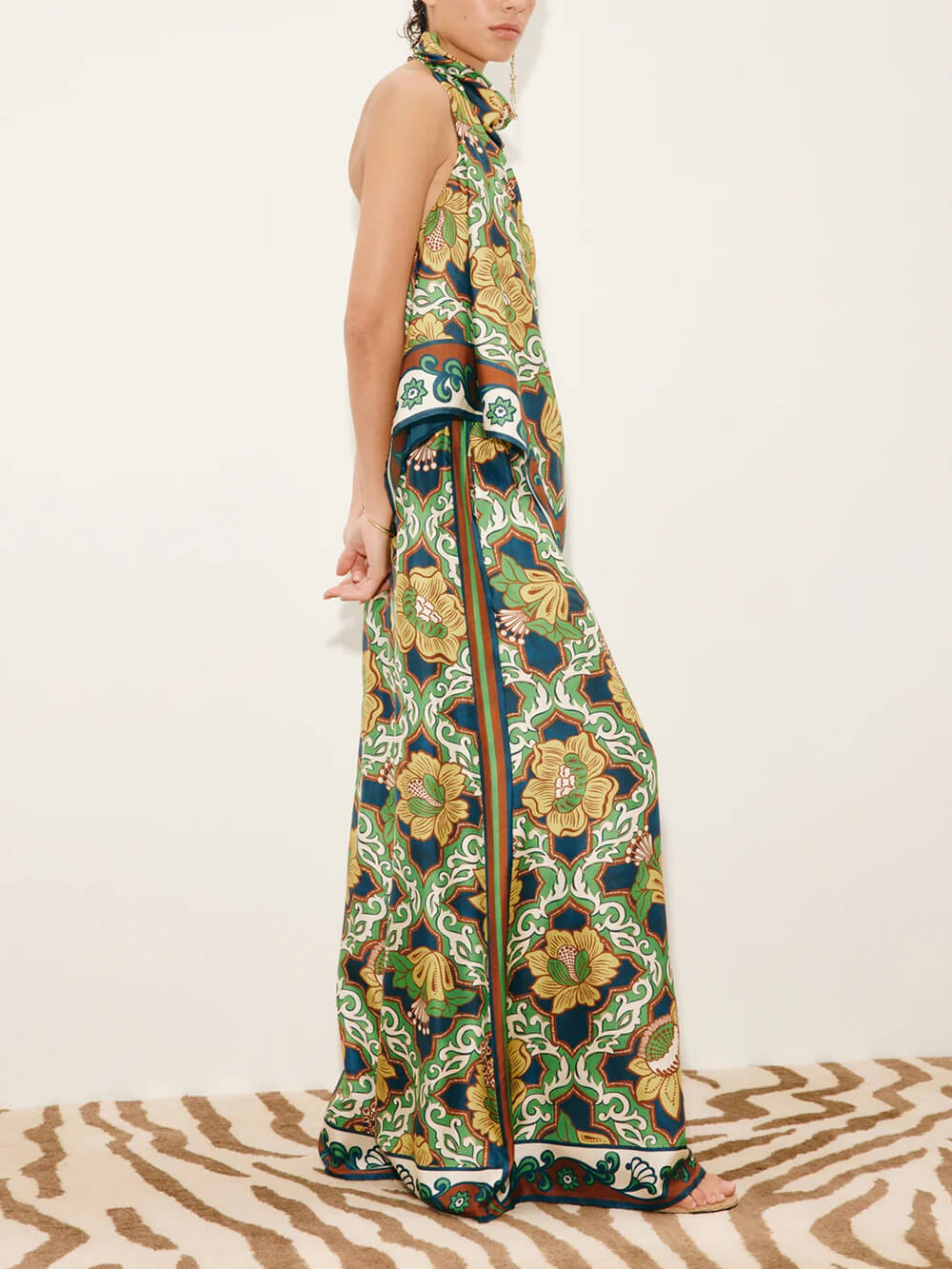 Modern Satin Print Elastic-Waist Pocket Wide-Leg Pants
