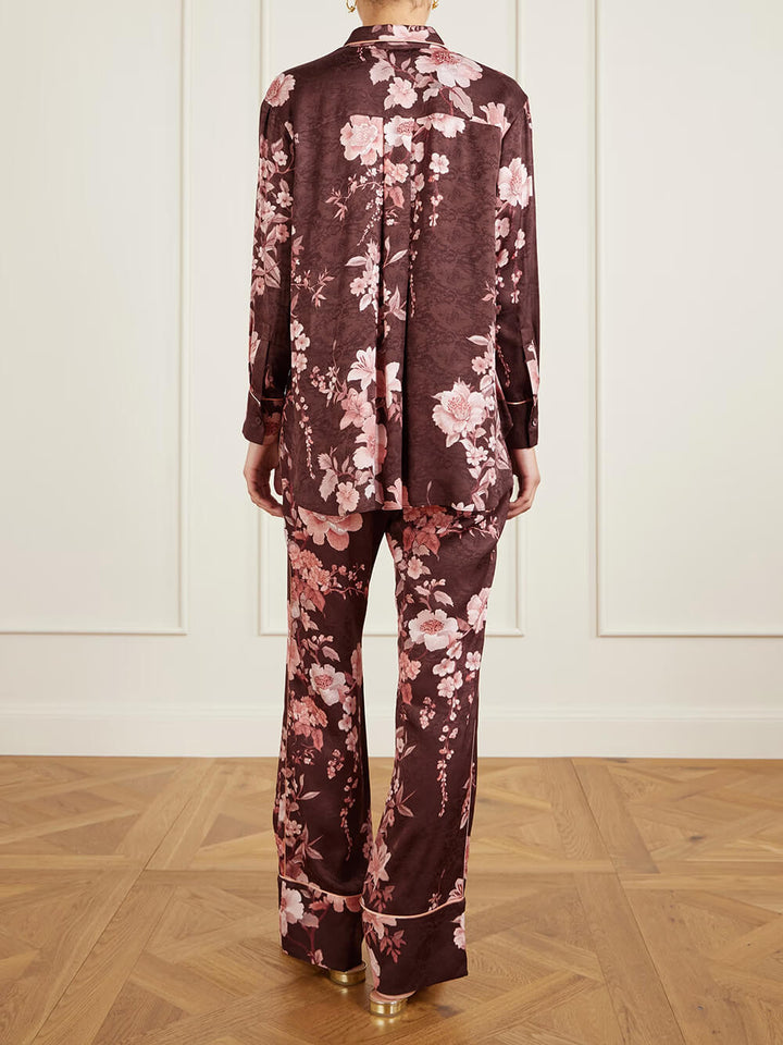Exquisite Floral Print Satin Button-Up Shirt