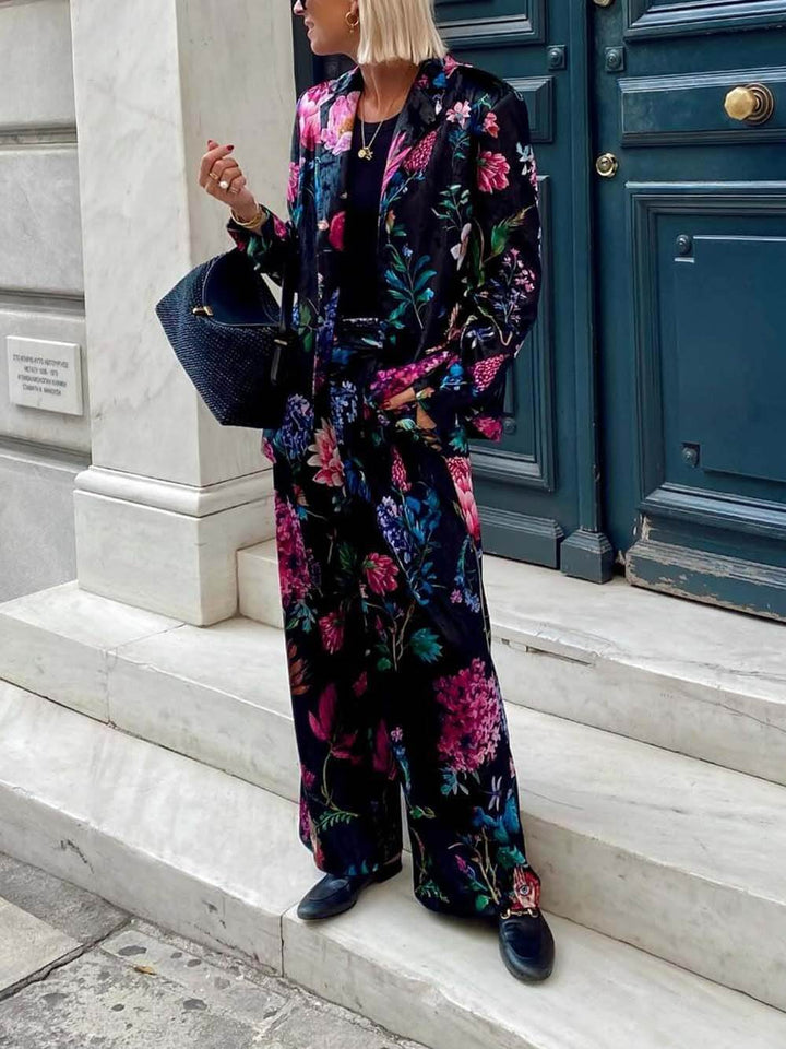 Retro Floral Print Elastic Waist Pocket Wide-Leg Pants