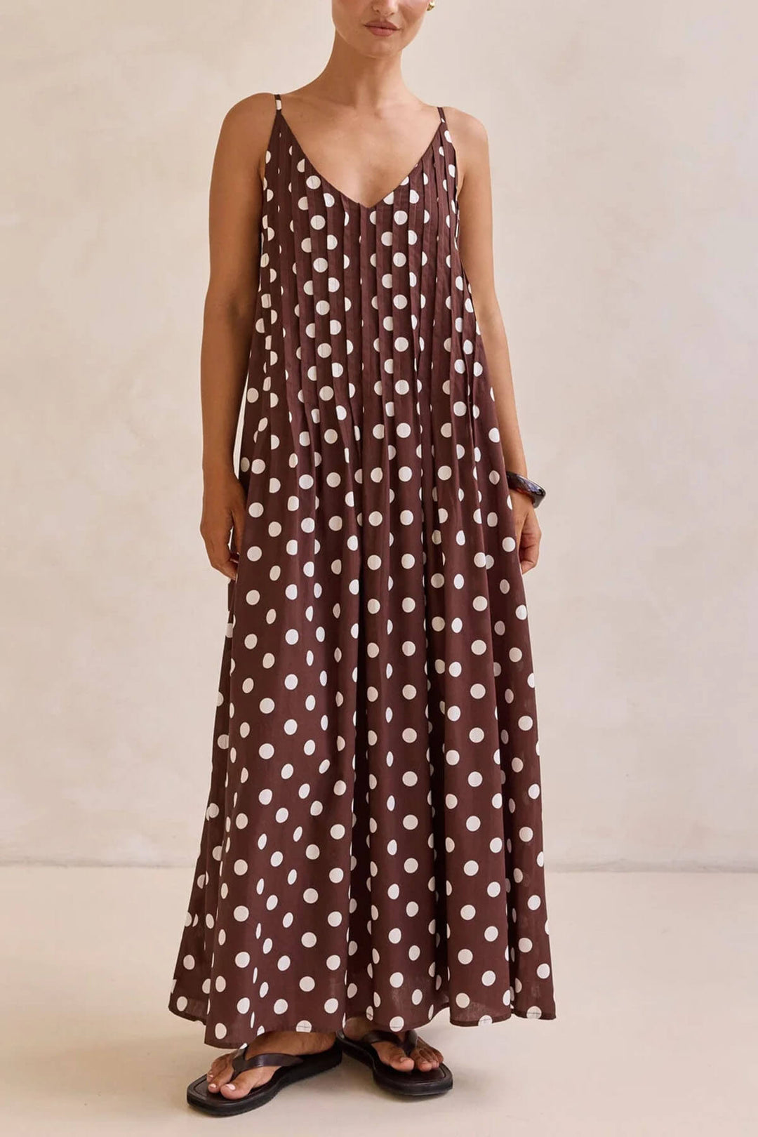 Exquisite Polka Dot Print Pleated A-Line Maxi Dress