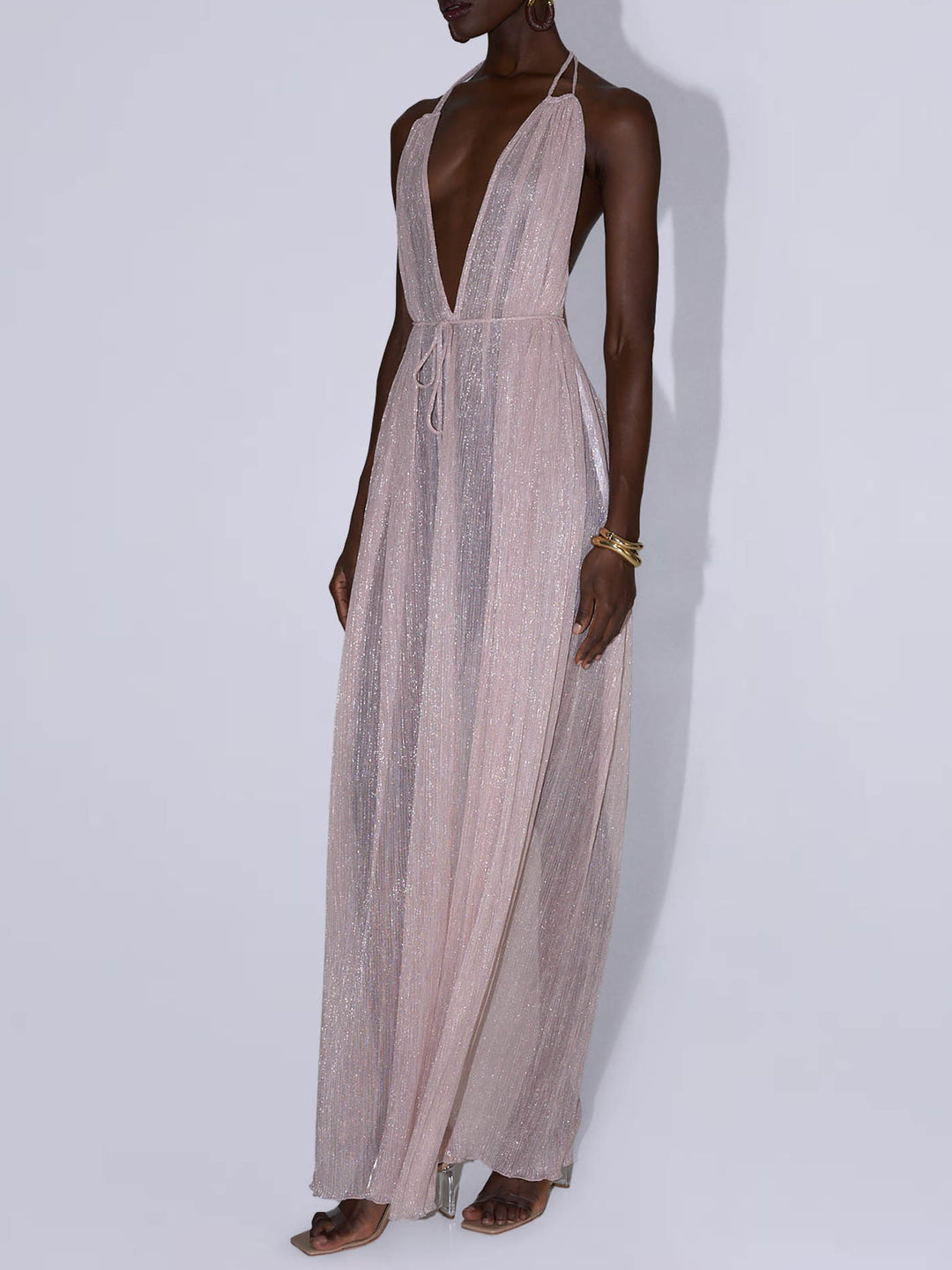 Elegant Tulle Pleated Evening Gown Maxi Dress