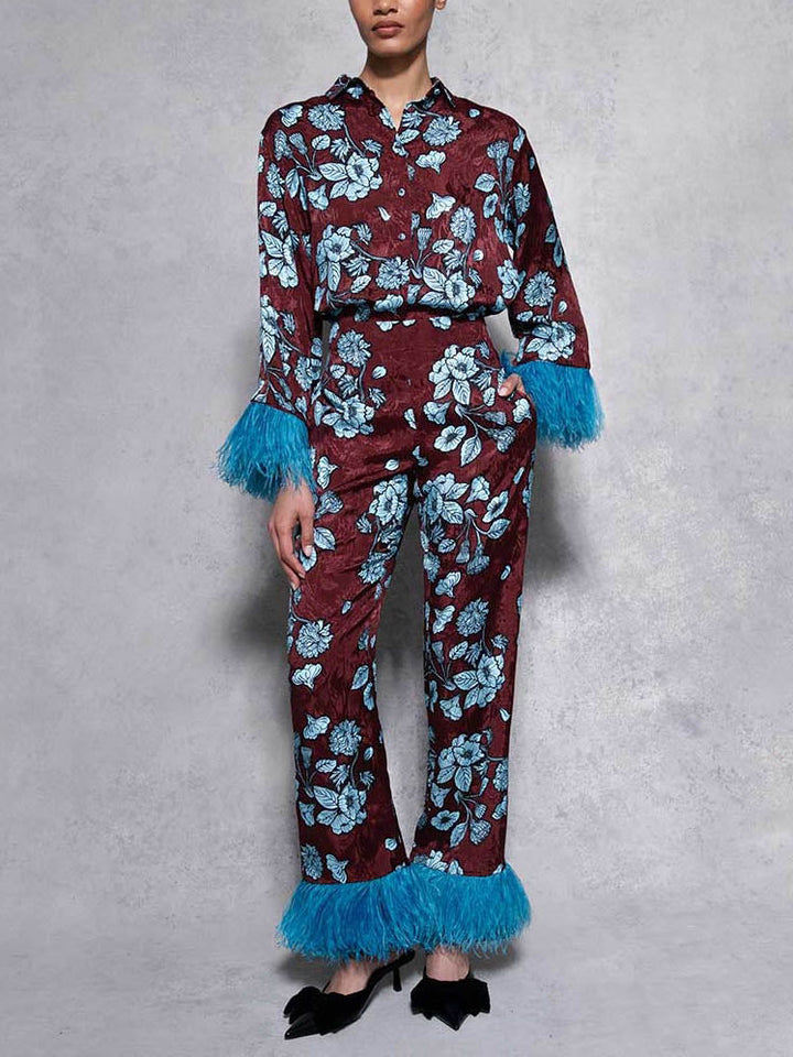 Retro Floral Print Satin Feather Long-sleeved Two-piece Suit