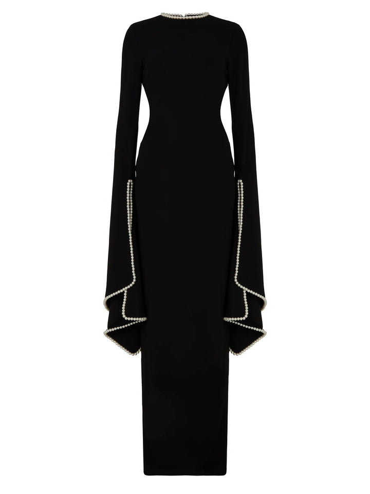 Elegant Pearl-trimmed Flared-sleeve Maxi Dress