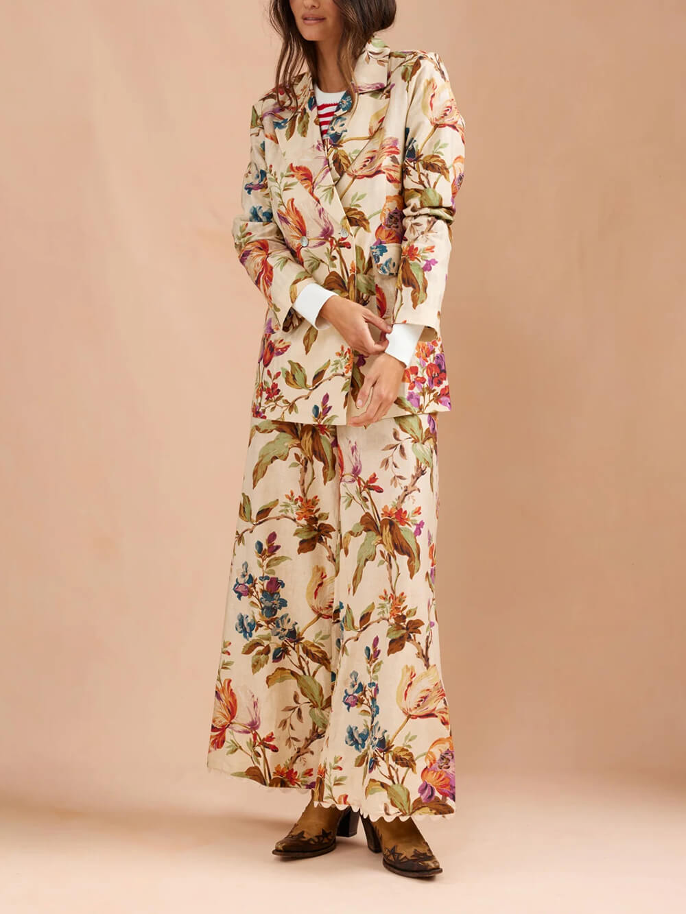 Exquisite Retro Floral Print Lapel Blazer Loose Pocket Wide-Leg Pants Set