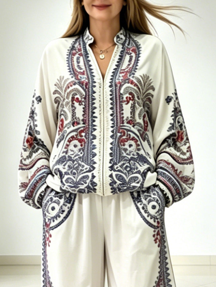 Elegant Paisley Print Zip-Up Shirt & Wide Leg Pants Set