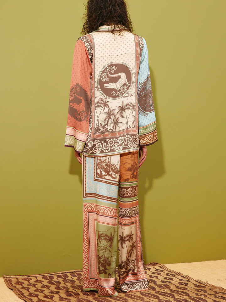 Unique Satin Floral Print Elastic-Waist Wide-Leg Pants