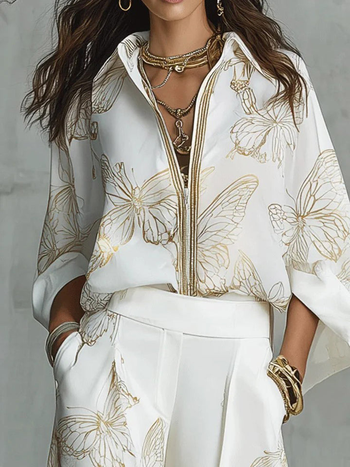 Elegant Butterfly Print Zip-Up Top & Wide Leg Pants Set