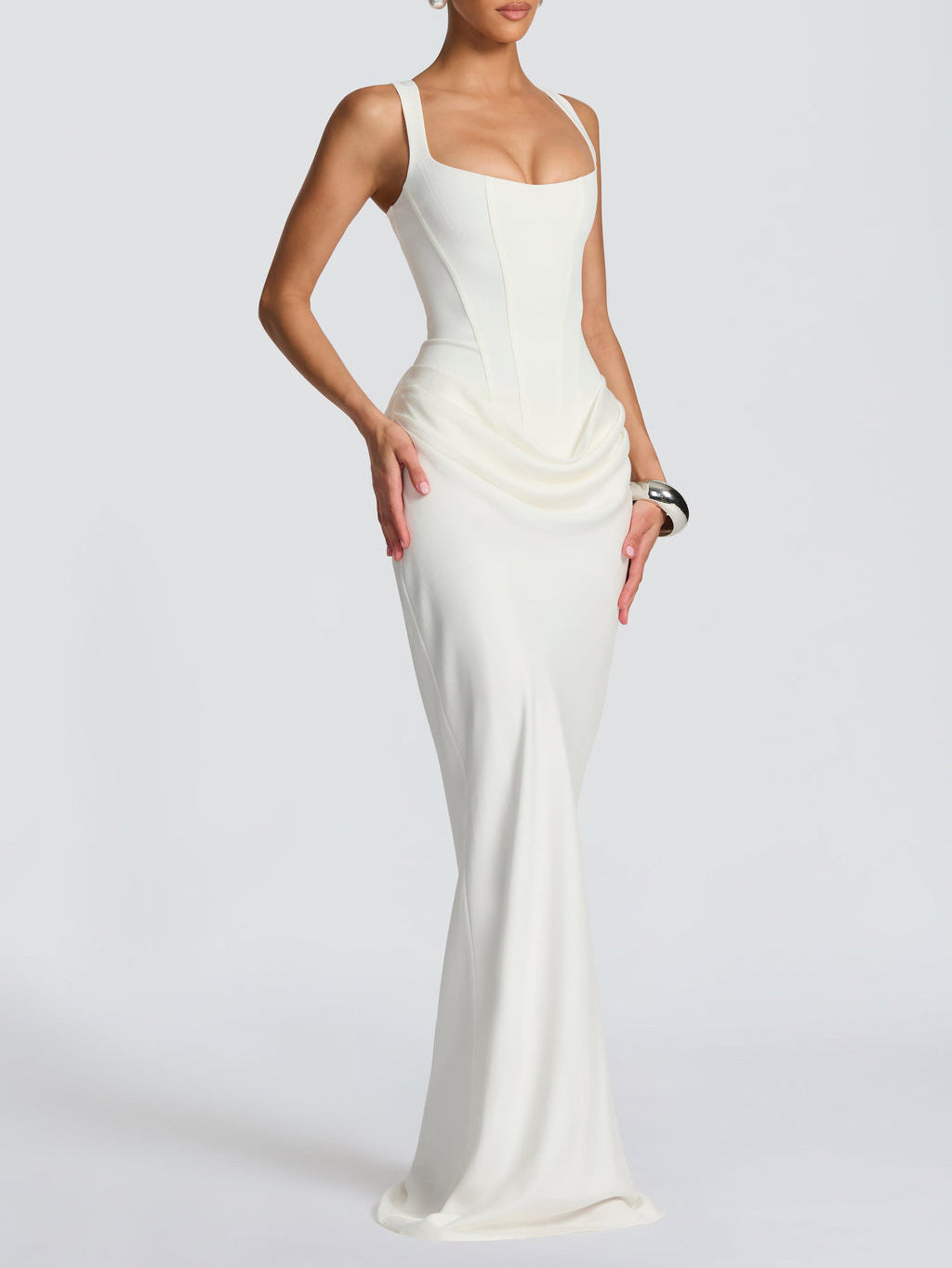 Elegant Square Neck Cinched Top & Ruched Waist Draped Maxi Dress