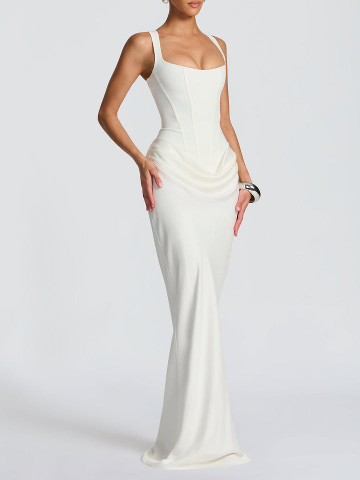 Elegant Square Neck Cinched Top & Ruched Waist Draped Maxi Dress