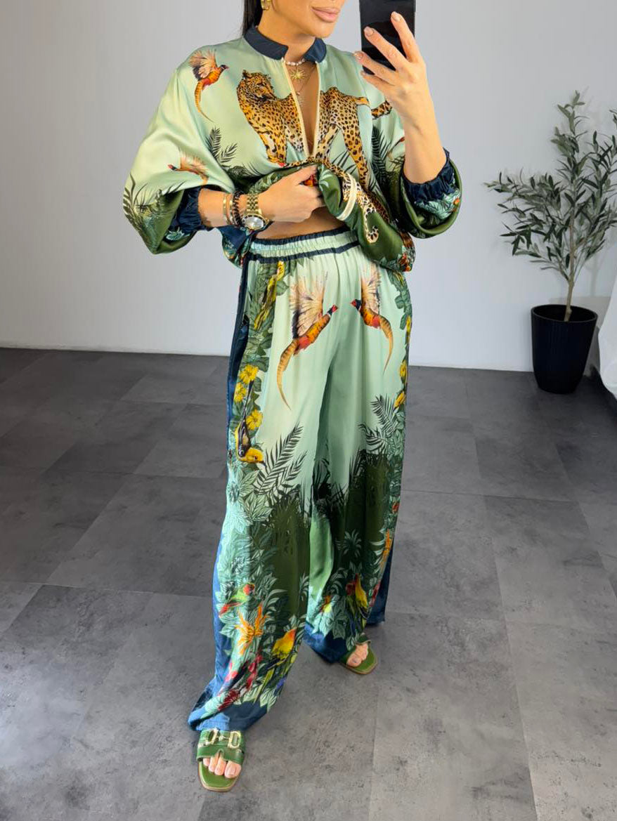Exotic Jungle Print Zip-Up Long Sleeve Shirt