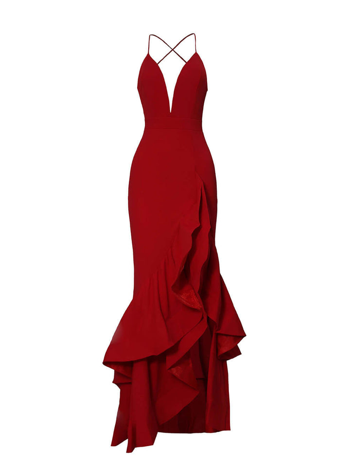 Sexy Deep V-Neck Ruffled Layered Mermaid Maxi Dress