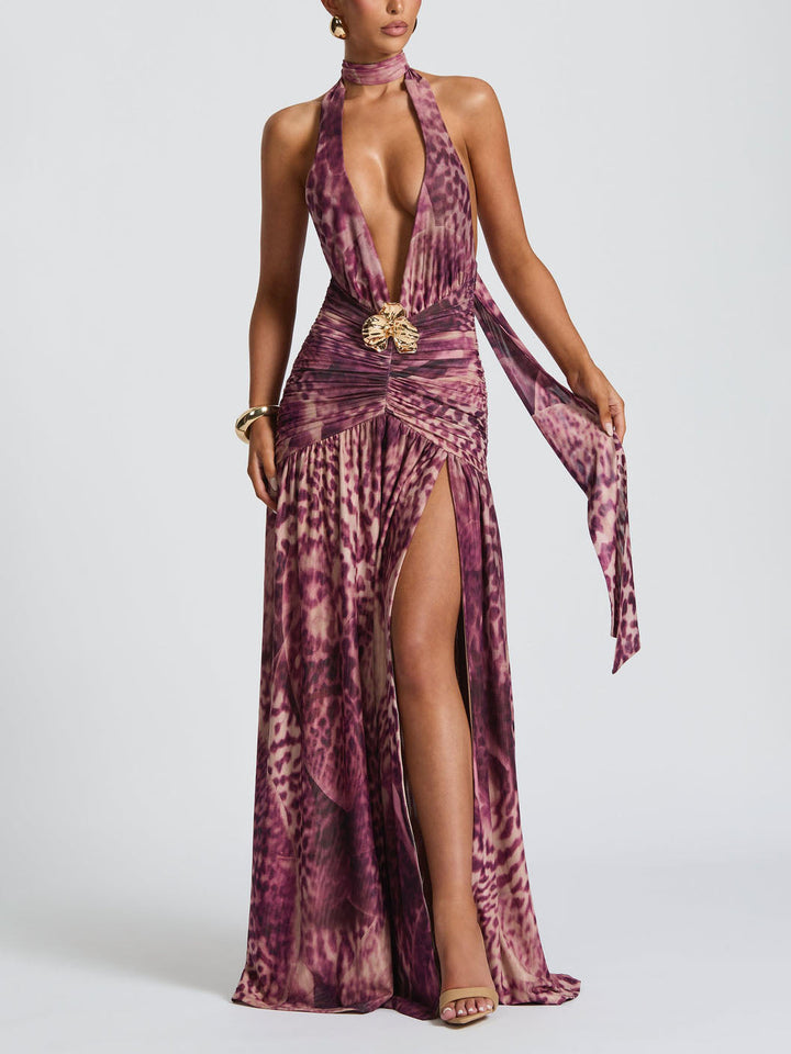 Elegant V-Neck Abstract Phalaenopsis Print Maxi Dress