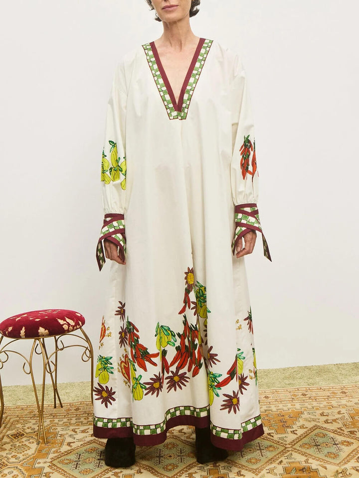 Unique Floral Print V-Neck Cuff Buttons Loose Maxi Dress