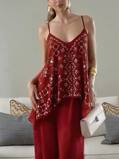 Elegant Vacation V-Neck Camisole Two-Piece Set